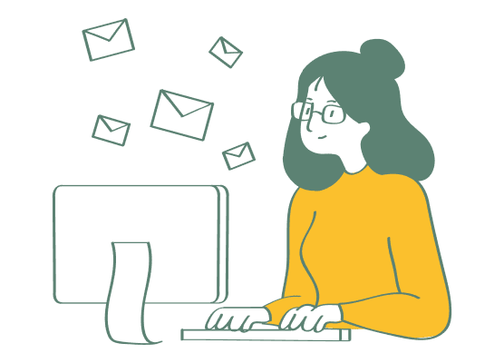 パソコンで作業しながらメールをたくさん受信している女性のイラスト