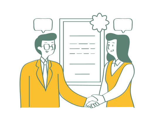 スーツ姿の男性と女性が笑顔で握手を交わしているイラスト。