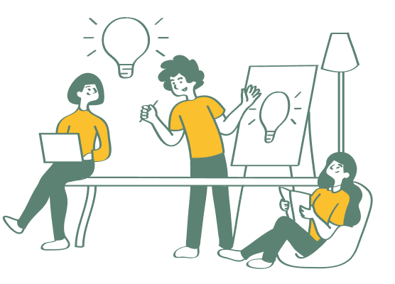 3人の人物がアイデアを出し合っている様子のイラスト。